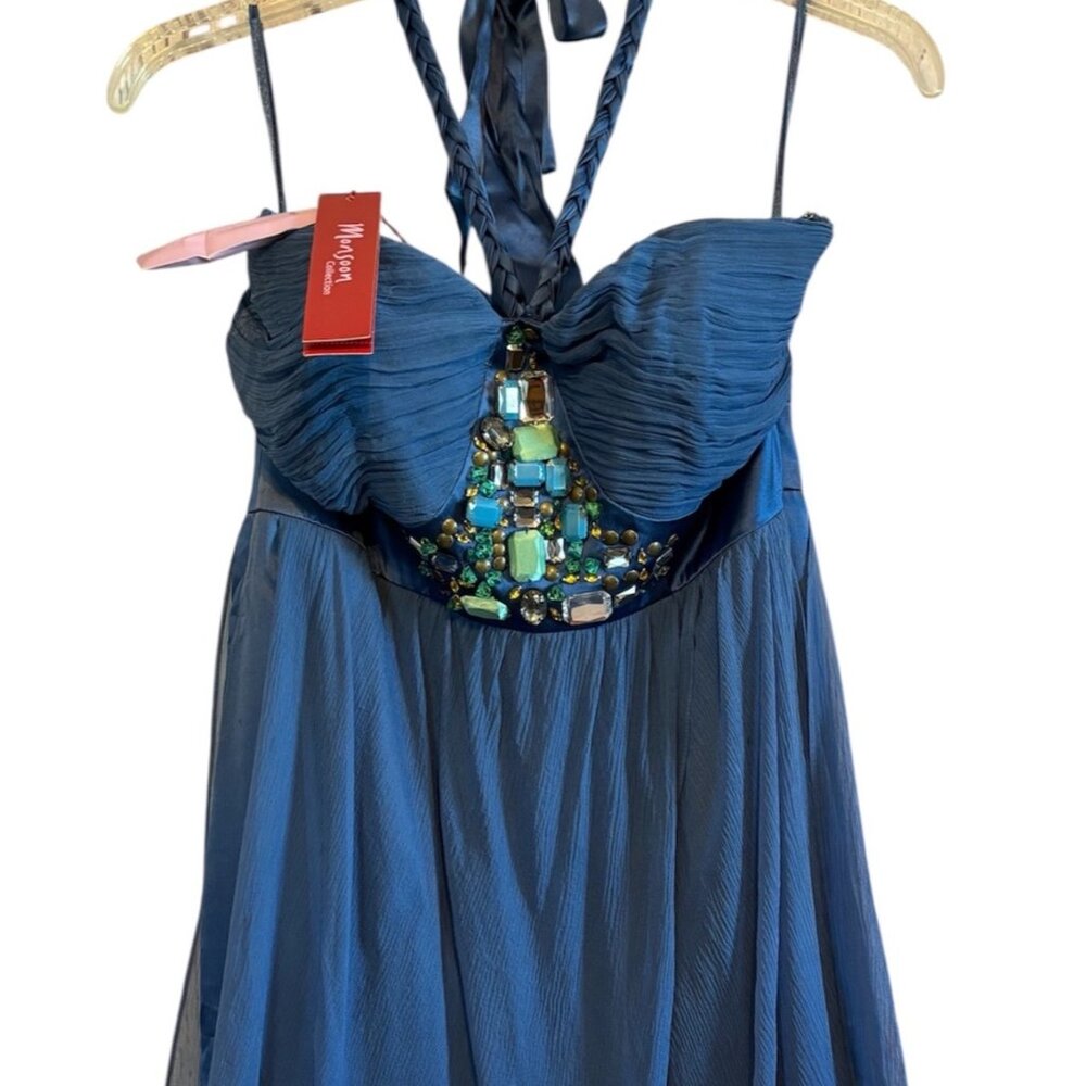Monsoon NWT Pure Silk Blue Cocktail Party BOHO Dress Lined Beaded Rhinestone 8
